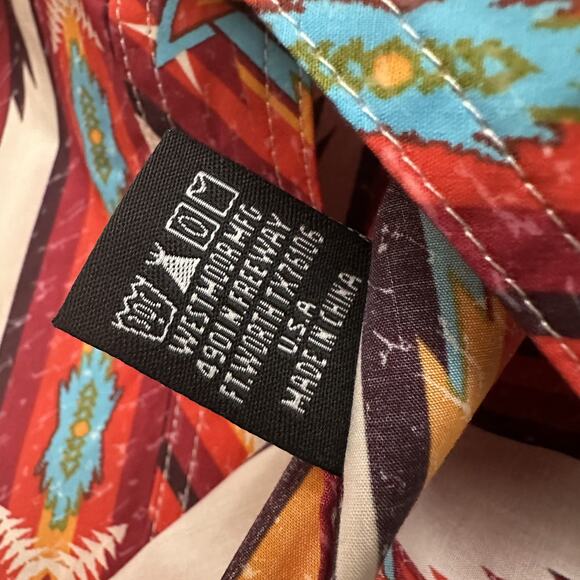 Rock & Roll Denim Shirt Mens XL Orange Blue Western Pearl Snap Aztec Retro - Picture 9 of 12